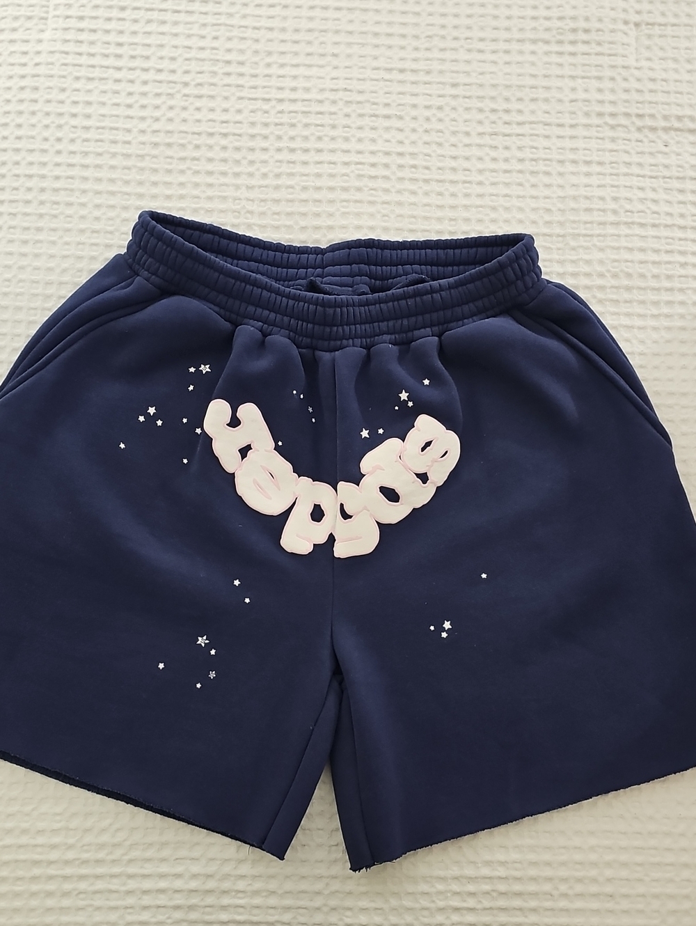 Navy Athletic Shorts with Pale Pink Graphic and Elastic Waistband